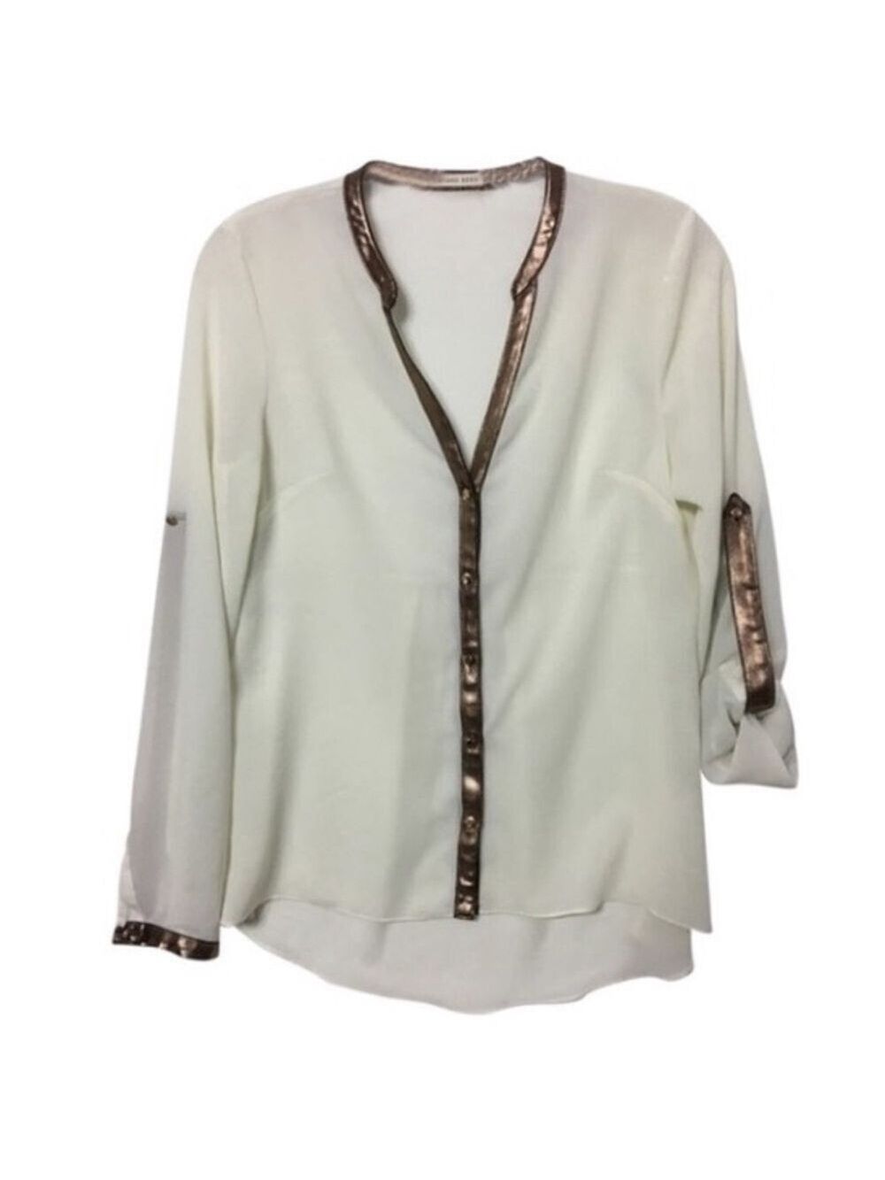 Mustard Seed semi sheer copper trim blouse size S